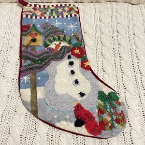 Vtg Lands' End Blank Needlepoint Christmas Stocking Snowman Cardinal Wool‎ Bird